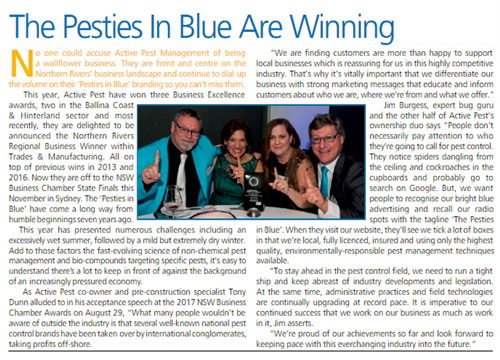 Pesties in Blue winning NSW Business Chamber Northern Regional Excellence Award 2017